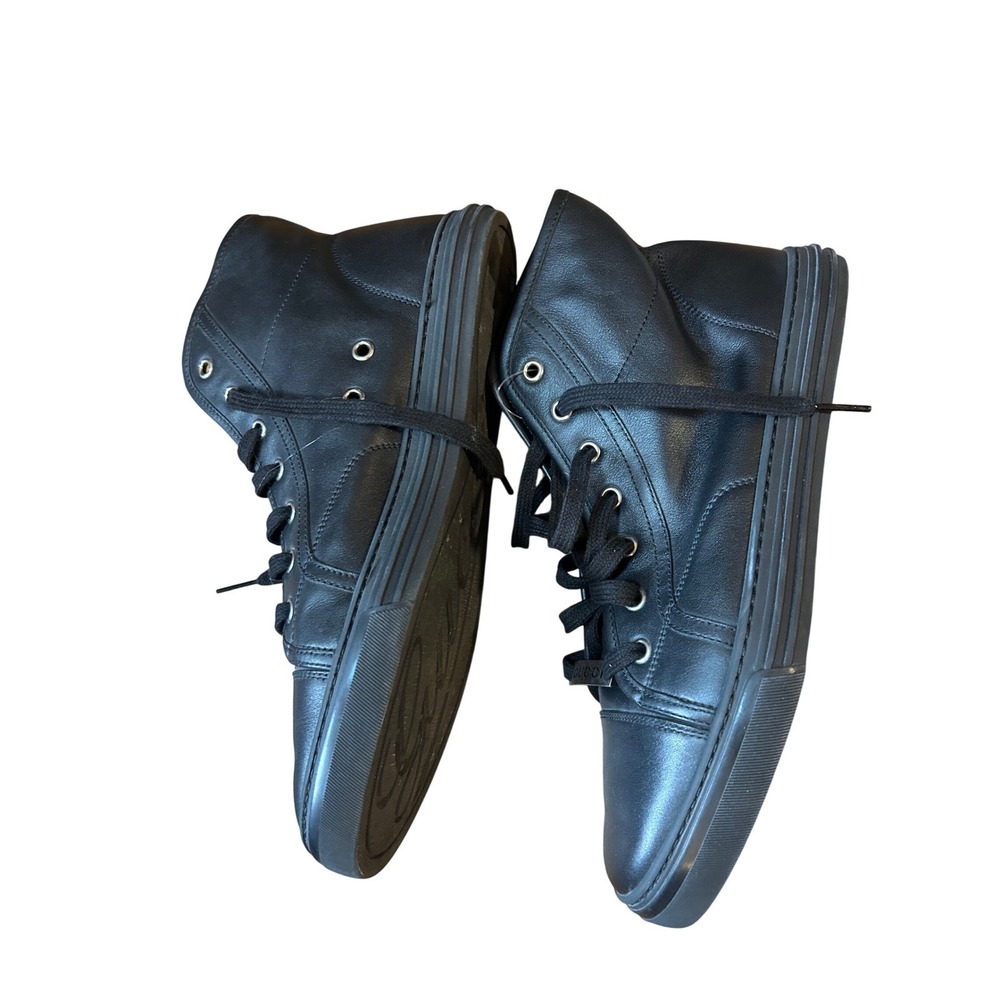 Gucci 423299 High Top Sneakers Womens 40 Black Leather Silver Logo Plaque - Picture 3 of 7